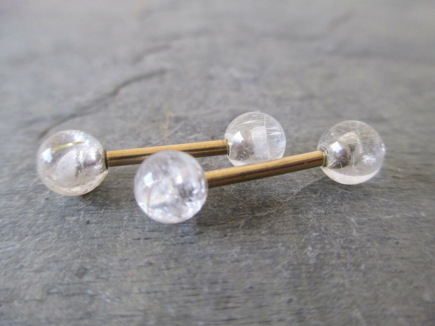 Golden Rutile Quartz Natural Stone Gold Titanium Ion Plated Tongue Nipple Barbell