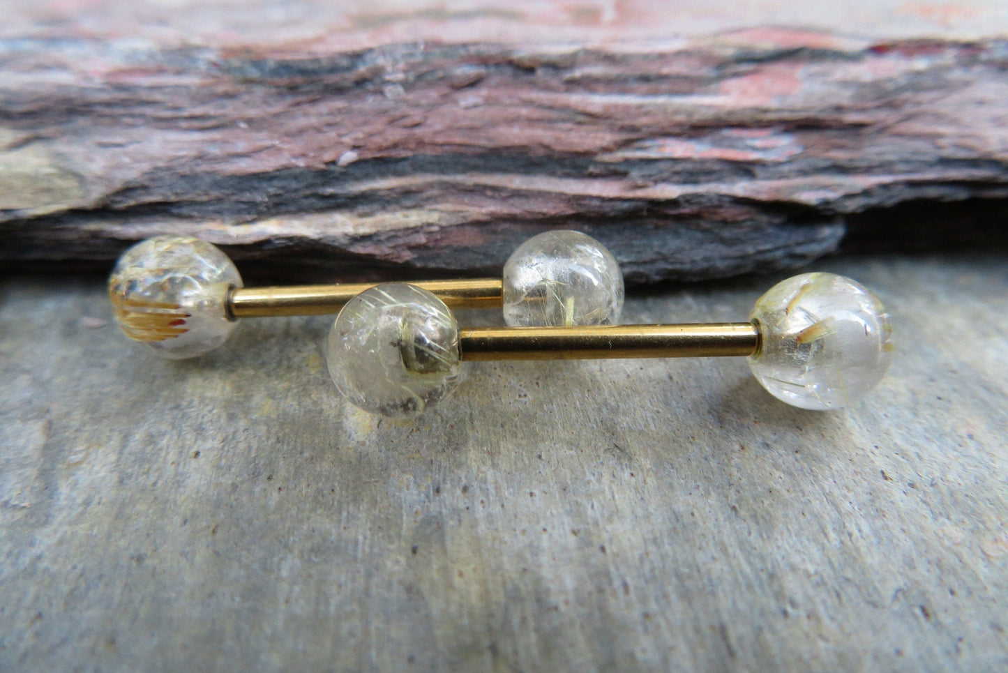 Golden Rutile Quartz Natural Stone Gold Titanium Ion Plated Tongue Nipple Barbell