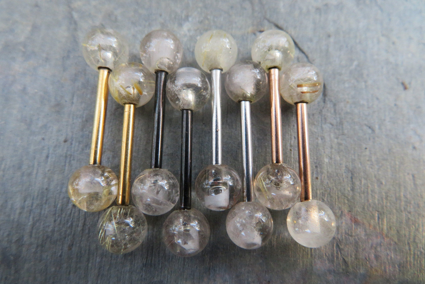 Golden Rutile Quartz Natural Stone Rose Gold Titanium Ion Plated Tongue Nipple Barbell