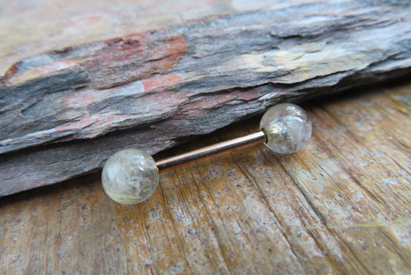 Golden Rutile Quartz Natural Stone Rose Gold Titanium Ion Plated Tongue Nipple Barbell