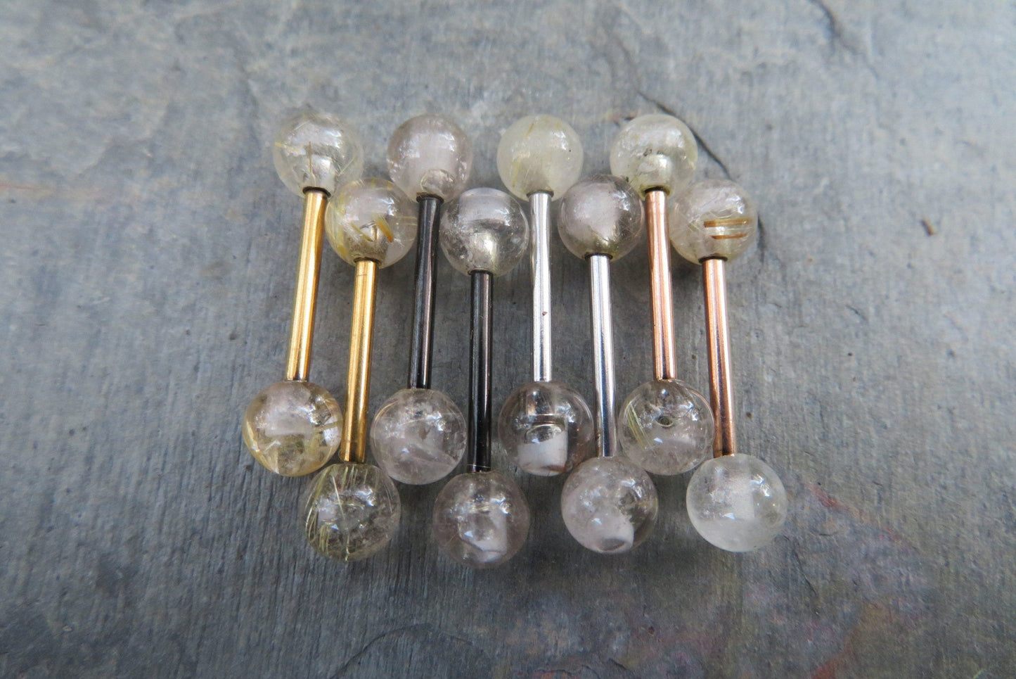 Golden Rutile Quartz Natural Stone Gold Titanium Ion Plated Tongue Nipple Barbell