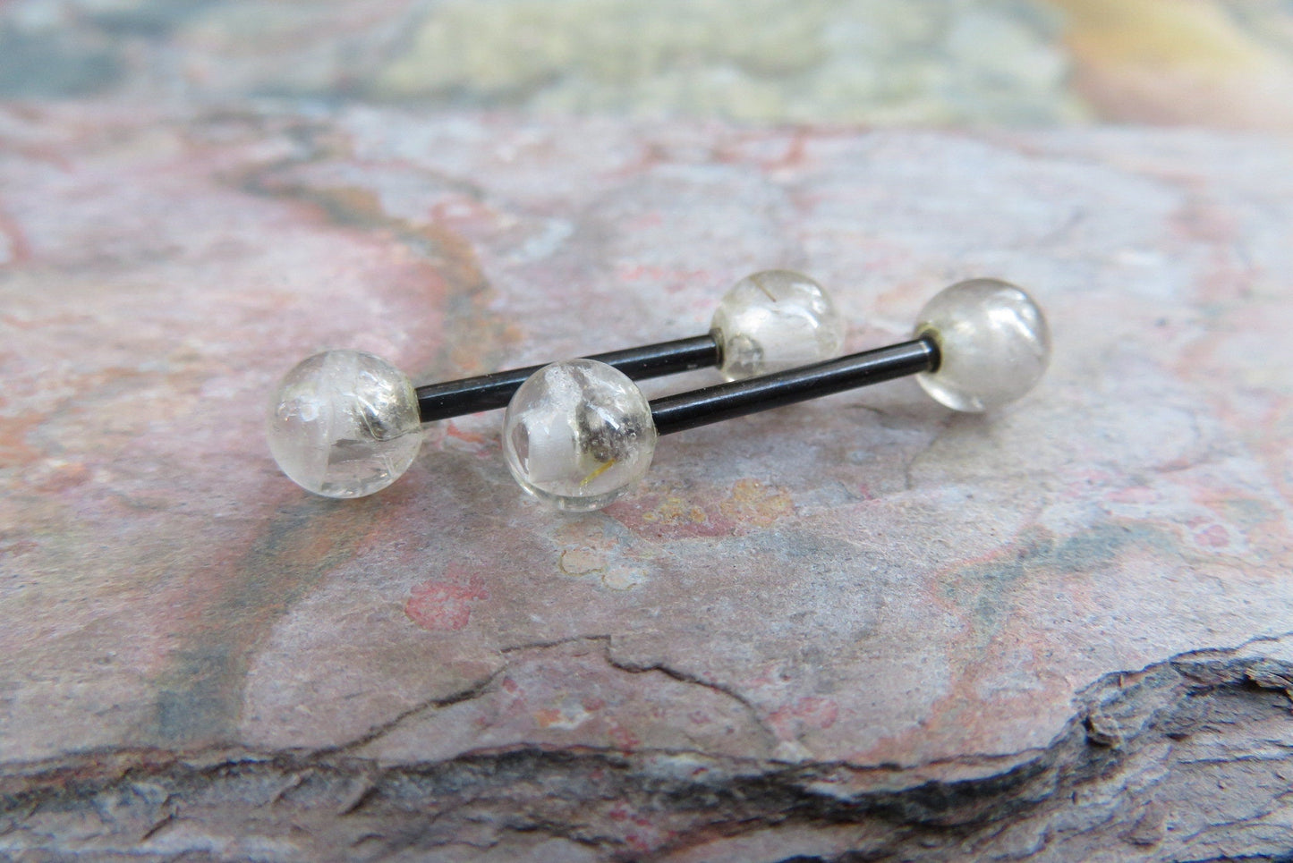 Golden Rutile Quartz Natural Stone Black Titanium Ion Plated Tongue Nipple Barbell