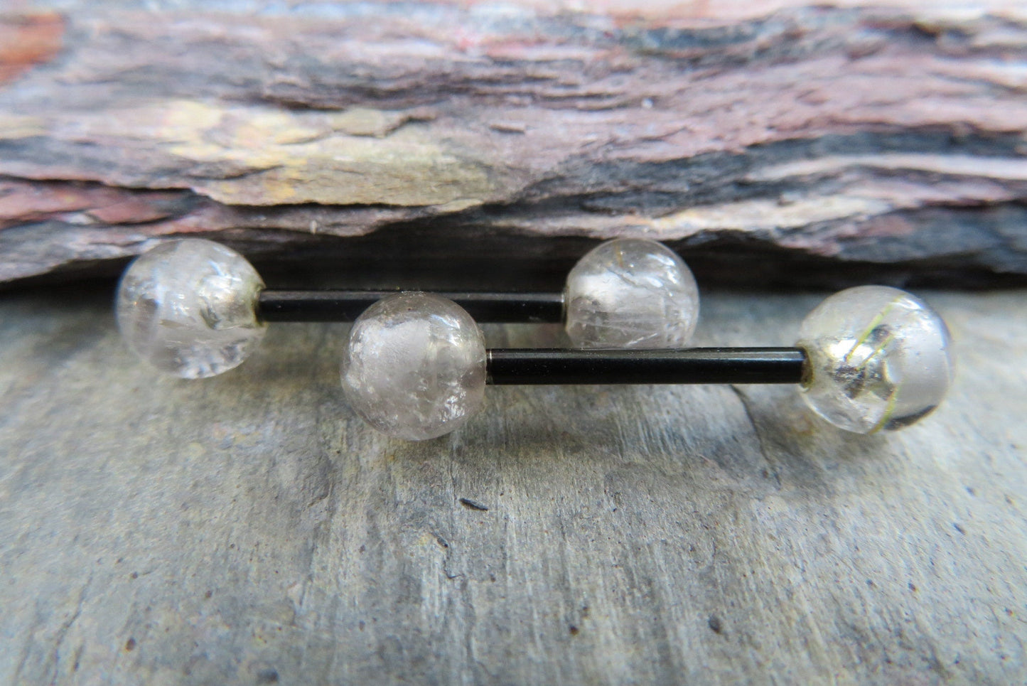 Golden Rutile Quartz Natural Stone Black Titanium Ion Plated Tongue Nipple Barbell