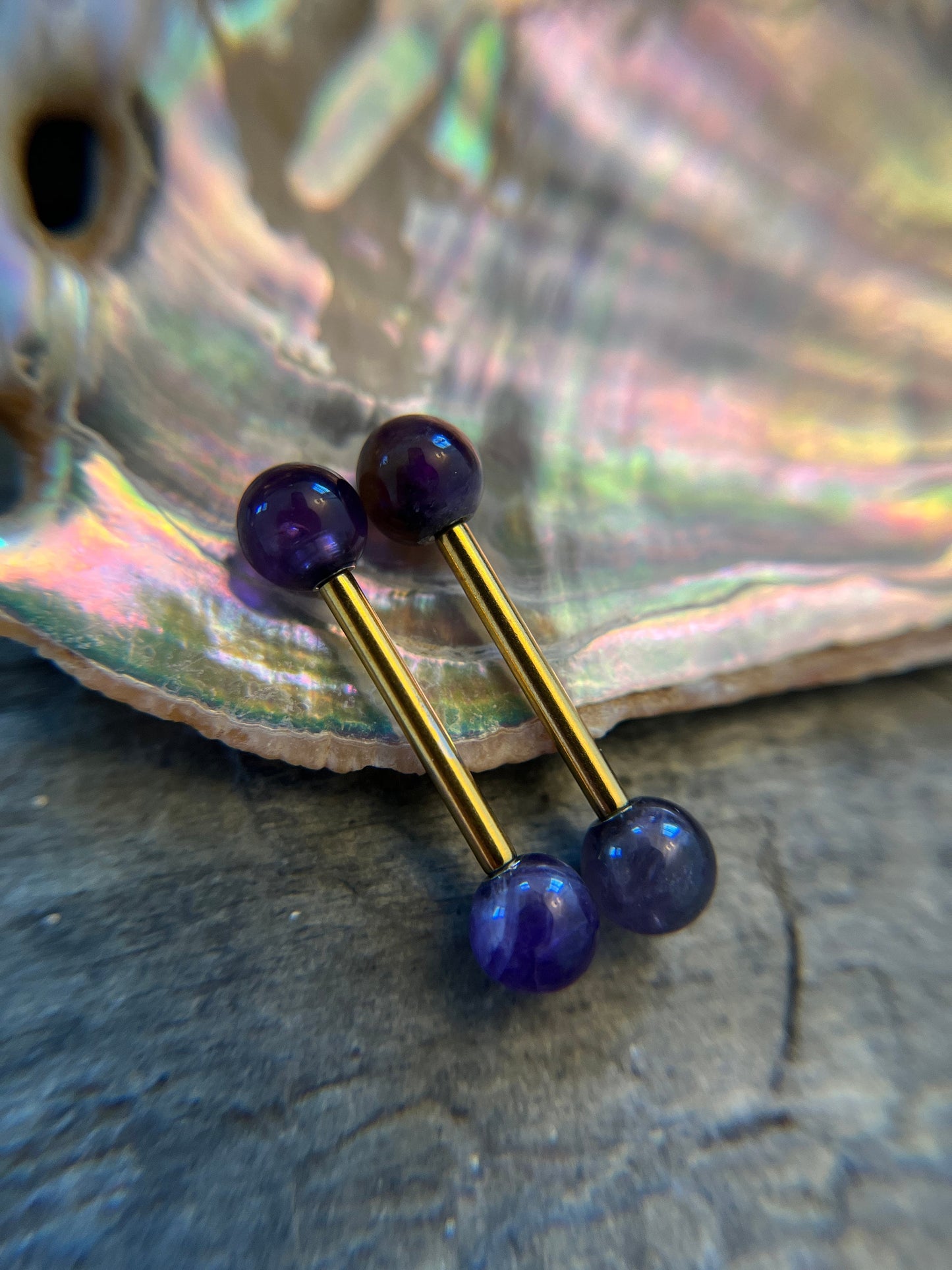 Amethyst Natural Stone Gold Titanium Ion Plated Tongue Nipple Barbell