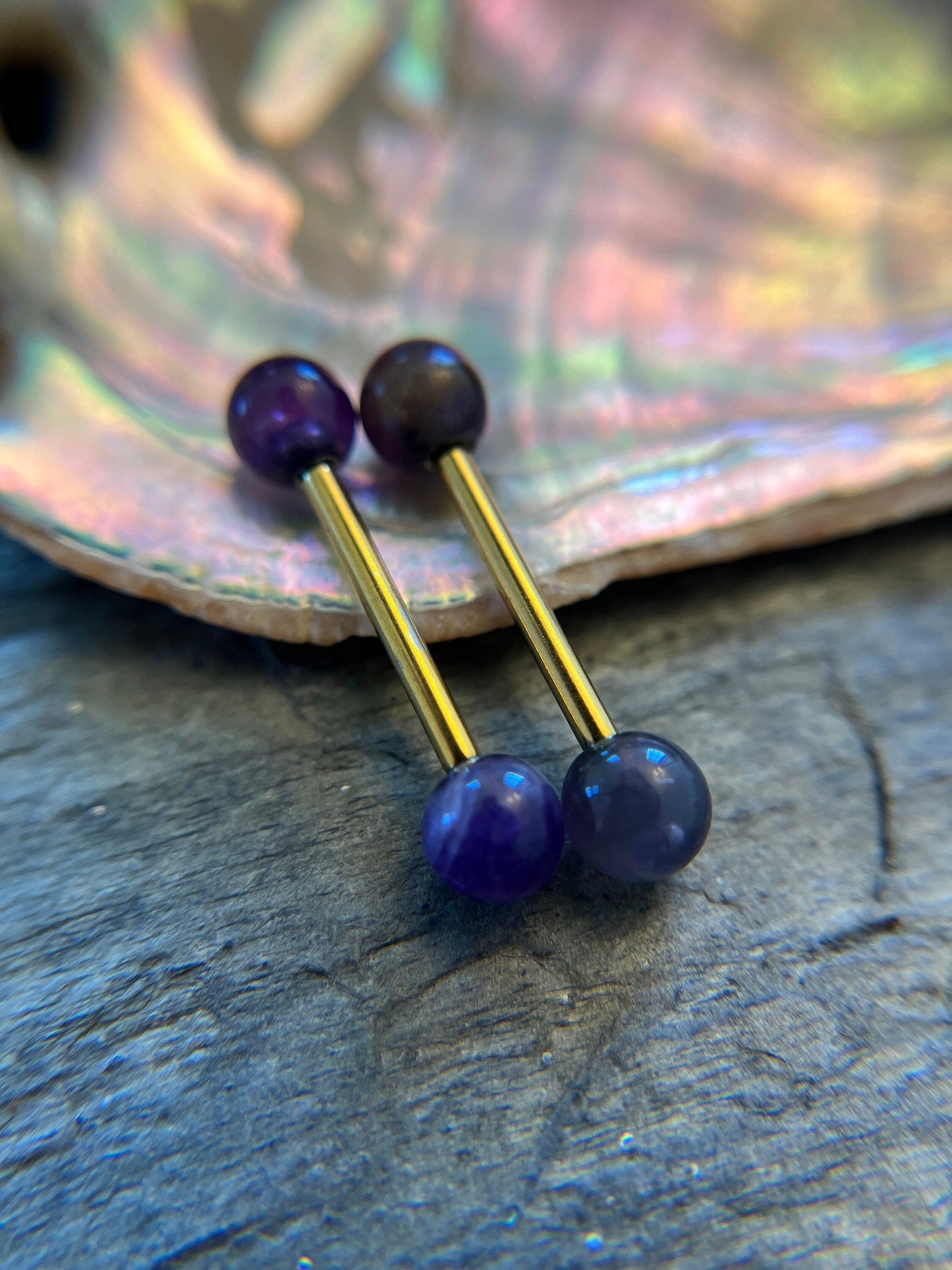 Amethyst Natural Stone Gold Titanium Ion Plated Tongue Nipple Barbell