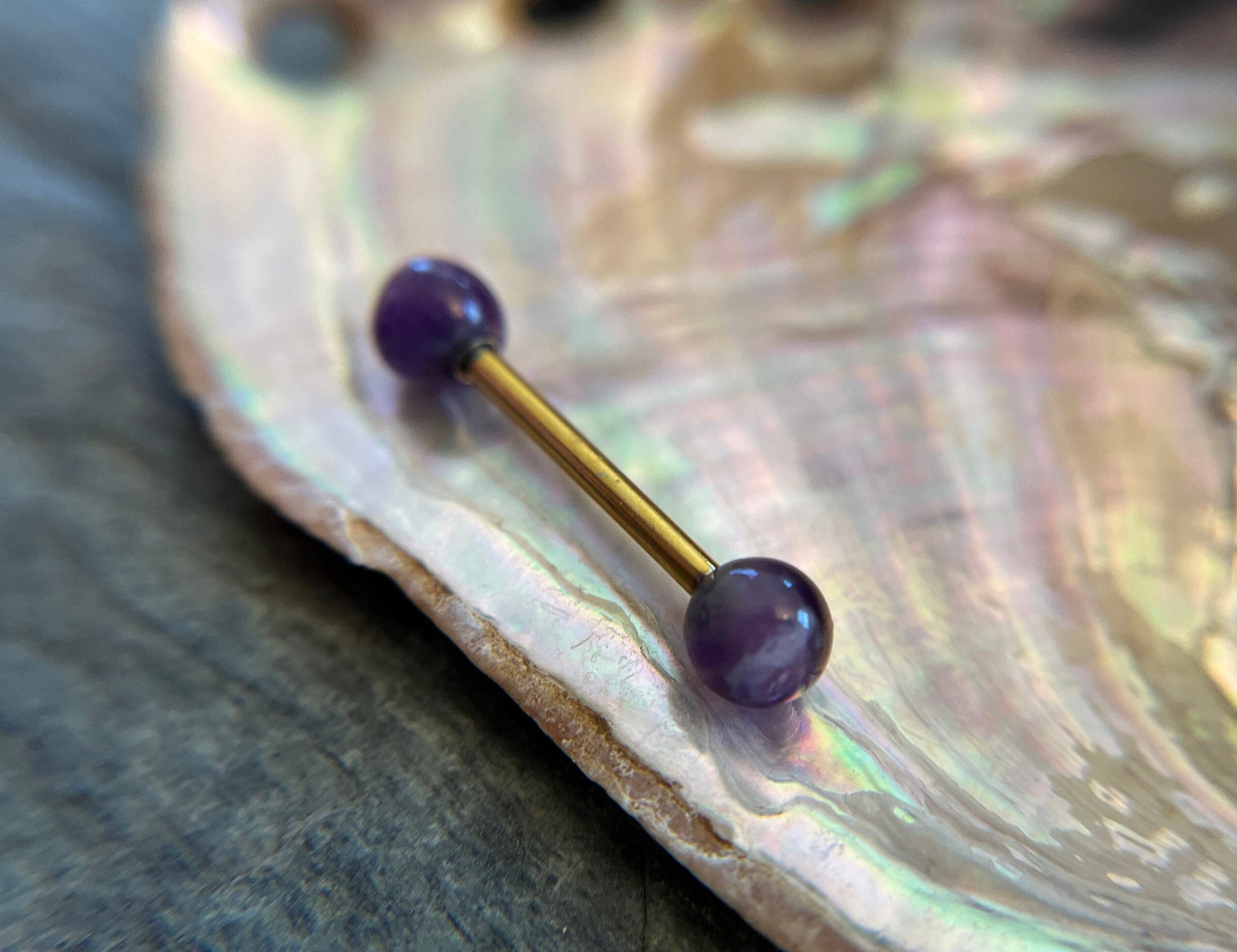 Amethyst Natural Stone Gold Titanium Ion Plated Tongue Nipple Barbell
