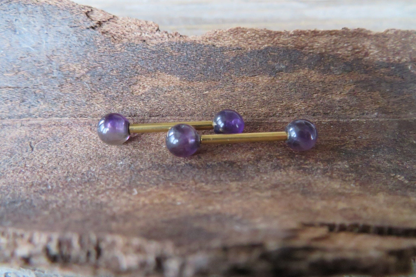 Amethyst Natural Stone Gold Titanium Ion Plated Tongue Nipple Barbell