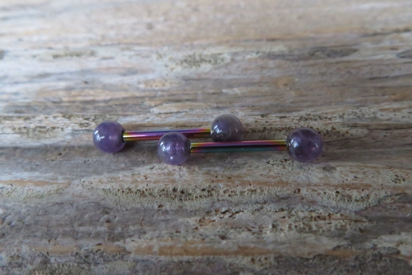 Amethyst Natural Stone Rainbow Titanium Ion Plated Tongue Nipple Barbell