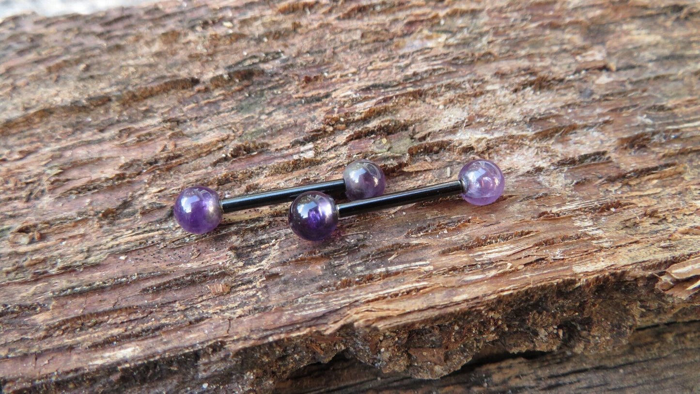 Amethyst Natural Stone Black Titanium Ion Plated Tongue Nipple Barbell
