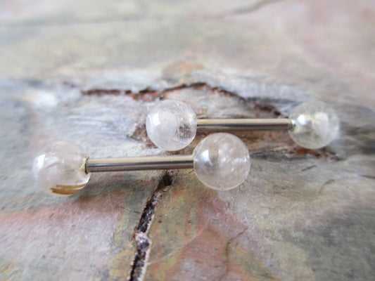 Golden Rutile Quartz Natural Stone  F-136 Implant Grade Titanium Tongue Nipple Barbell