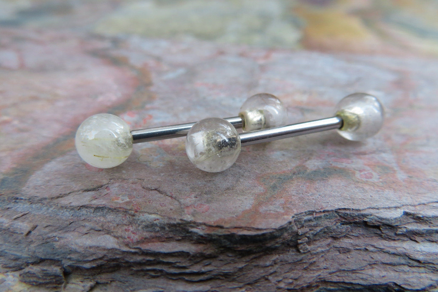 Golden Rutile Quartz Natural Stone 316L Surgical Steel Tongue Nipple Barbell