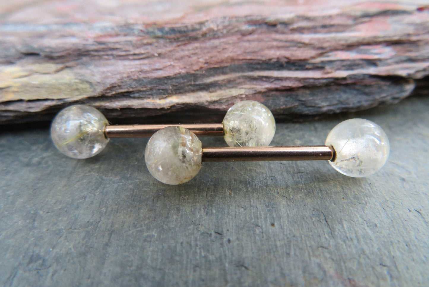 Golden Rutile Quartz Natural Stone Rose Gold Titanium Ion Plated Tongue Nipple Barbell