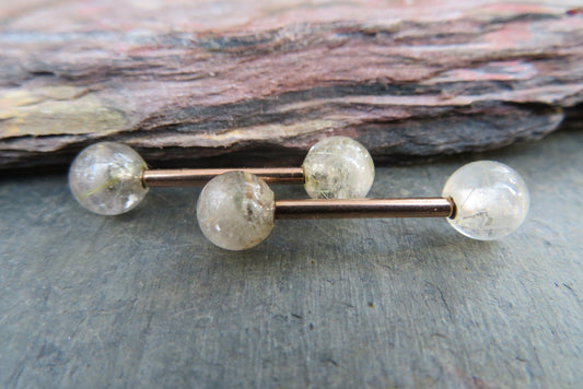 Golden Rutile Quartz Natural Stone Rose Gold Titanium Ion Plated Tongue Nipple Barbell