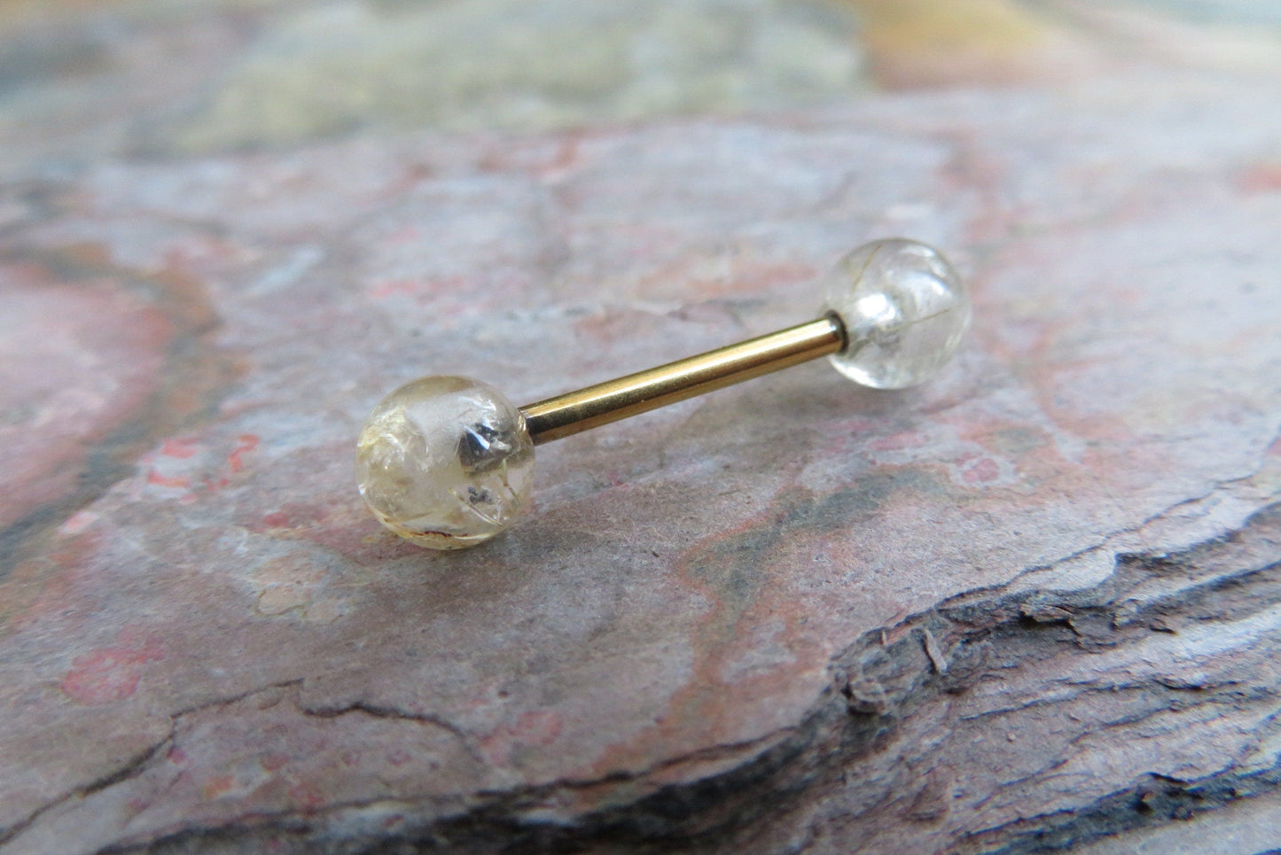 Golden Rutile Quartz Natural Stone Gold Titanium Ion Plated Tongue Nipple Barbell