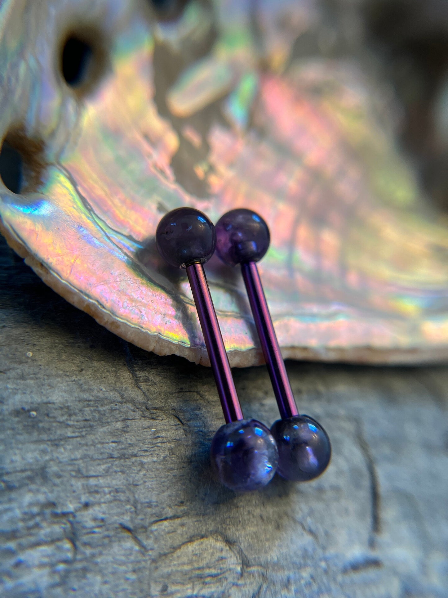 Amethyst Natural Stone Purple Titanium Ion Plated Tongue Nipple Barbell