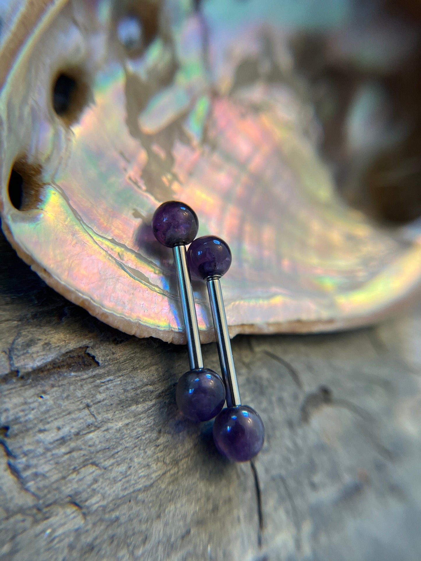 Amethyst Natural Stone 316L Surgical Steel Tongue Nipple Barbell