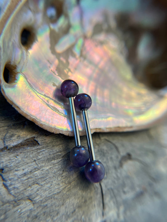 Amethyst Natural Stone 316L Surgical Steel Tongue Nipple Barbell