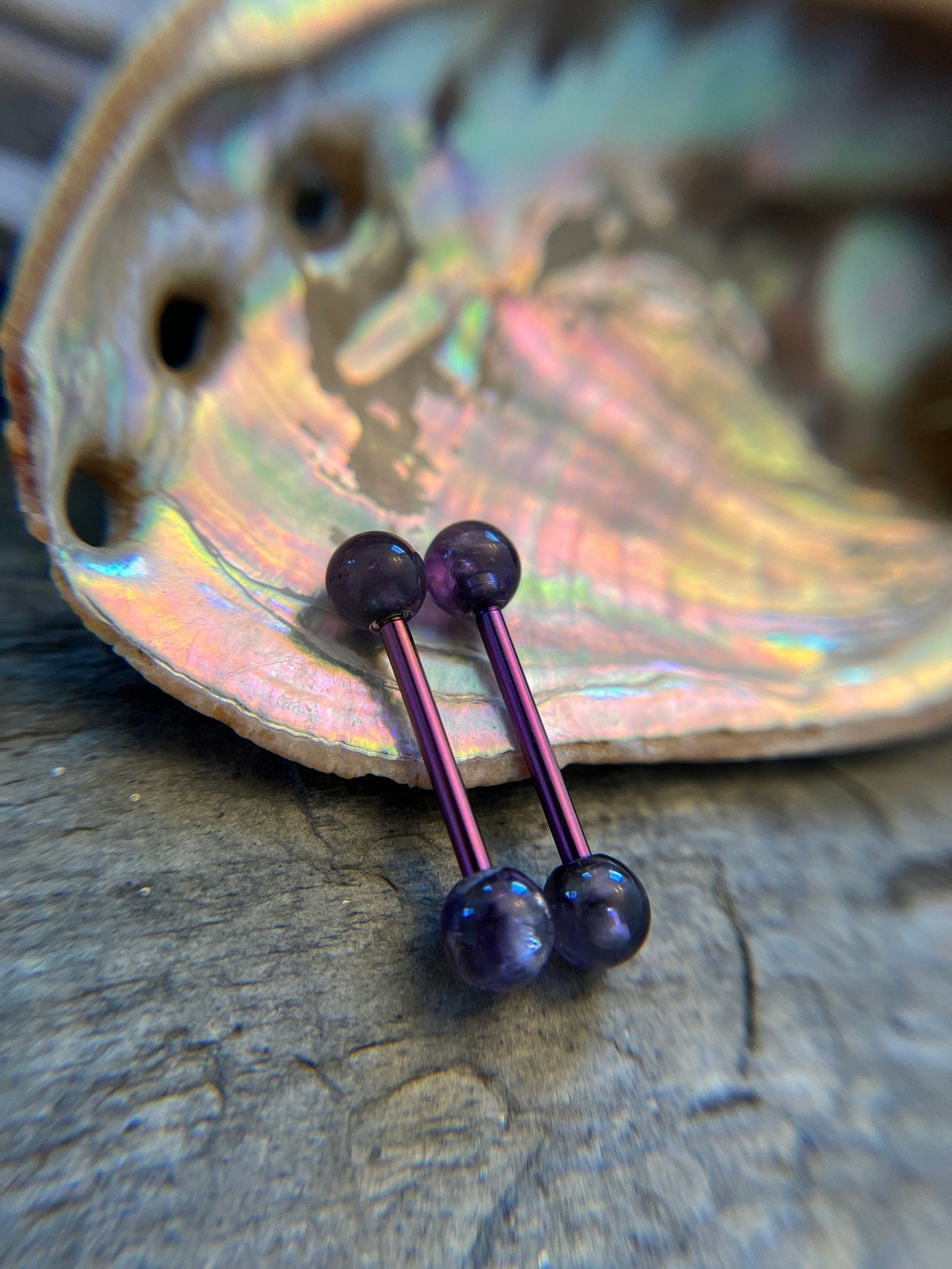 Amethyst Natural Stone Purple Titanium Ion Plated Tongue Nipple Barbell