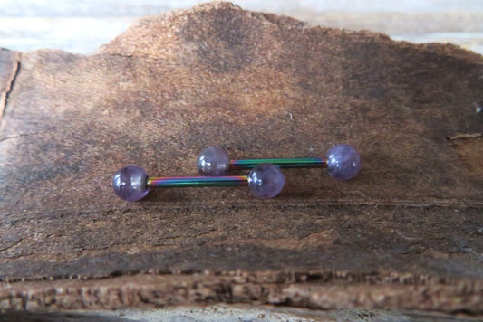 Amethyst Natural Stone Rainbow Titanium Ion Plated Tongue Nipple Barbell