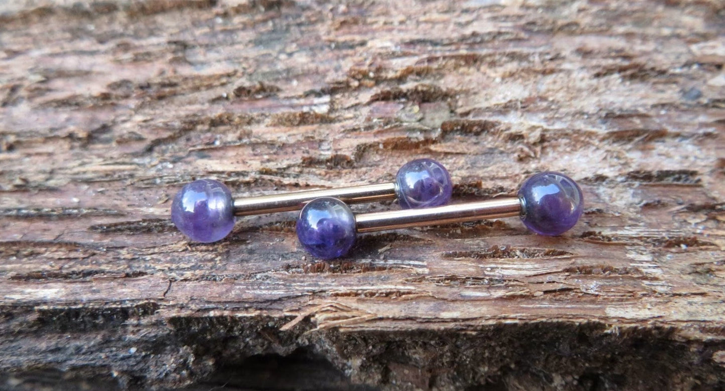 Amethyst Natural Stone Rose Gold Titanium Ion Plated Tongue Nipple Barbell