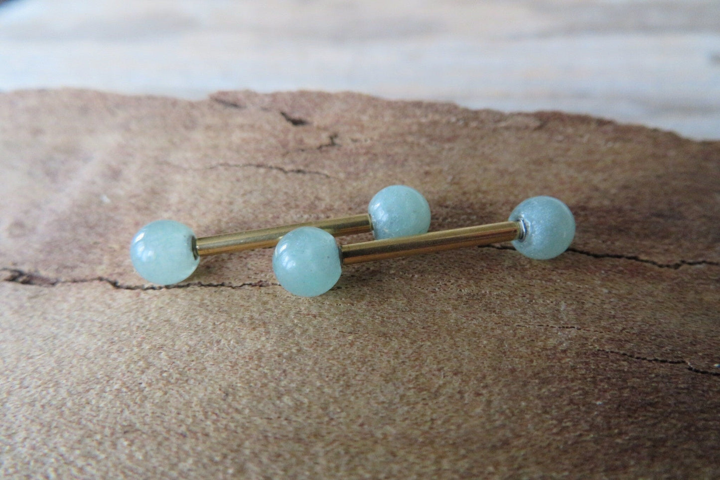 Green Aventurine Natural Stone Gold Titanium Ion Plated Tongue Nipple Barbell