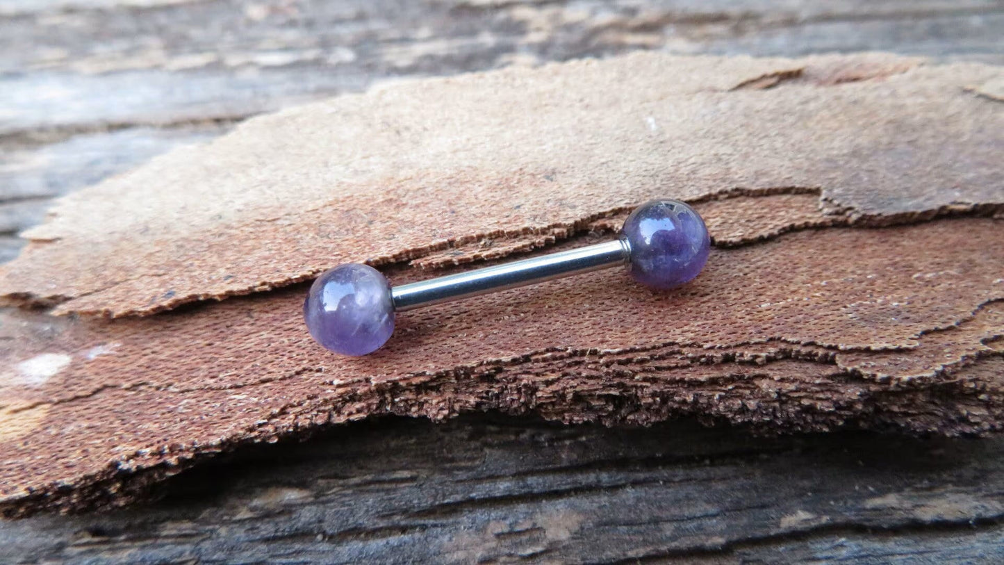 Amethyst Natural Stone F-136 Implant Grade Titanium Tongue Nipple Barbell