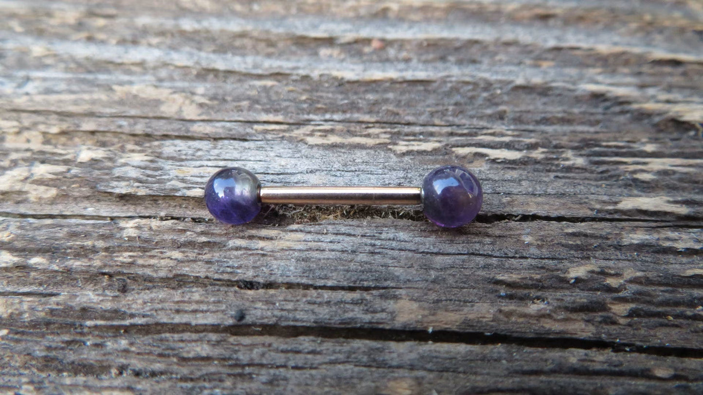 Amethyst Natural Stone Rose Gold Titanium Ion Plated Tongue Nipple Barbell