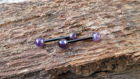 Amethyst Natural Stone Black Titanium Ion Plated Tongue Nipple Barbell